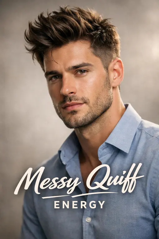 man with low taper fade messy top hairstyle featuring textured medium-length hair and clean tapered sides