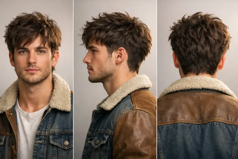 man with low taper fade messy top hairstyle featuring textured medium-length hair and clean tapered sides