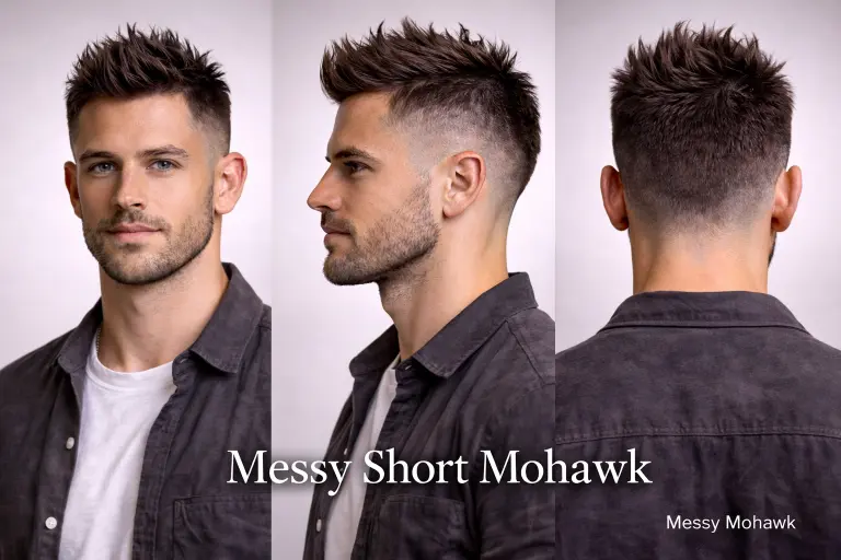 collection of short mohawk haircuts for men showing different fades, textures, and modern styling variations