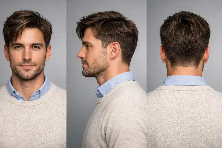 man with low taper fade messy top hairstyle featuring textured medium-length hair and clean tapered sides