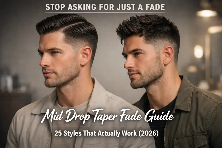 clean mid drop taper fade haircut with natural blend around the ear and neckline, styled top showing modern versatile men’s hairstyle