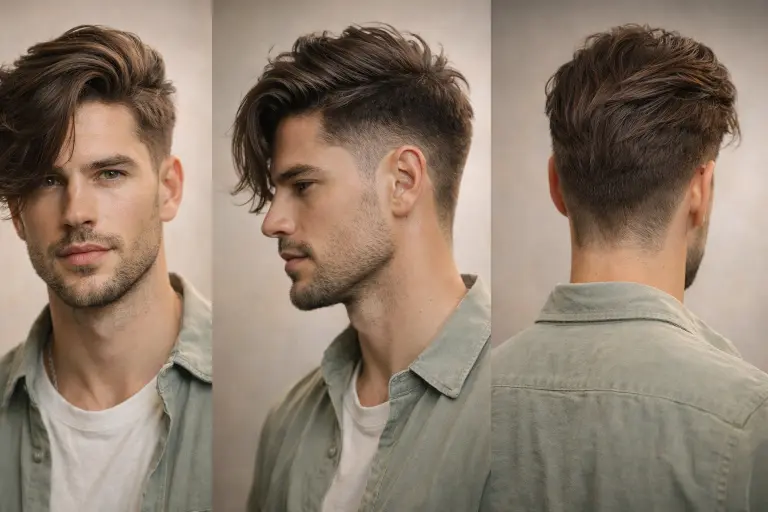 High taper fade long hairstyles for men featuring clean faded sides with long textured hair on top styled in different modern looks