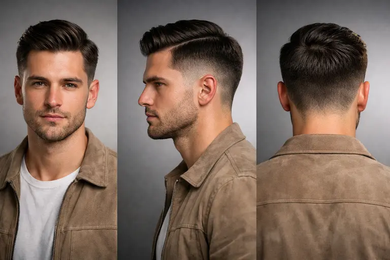 : A variety of side part haircuts for men featuring fades, undercuts, and textured styles on different hair types and lengths