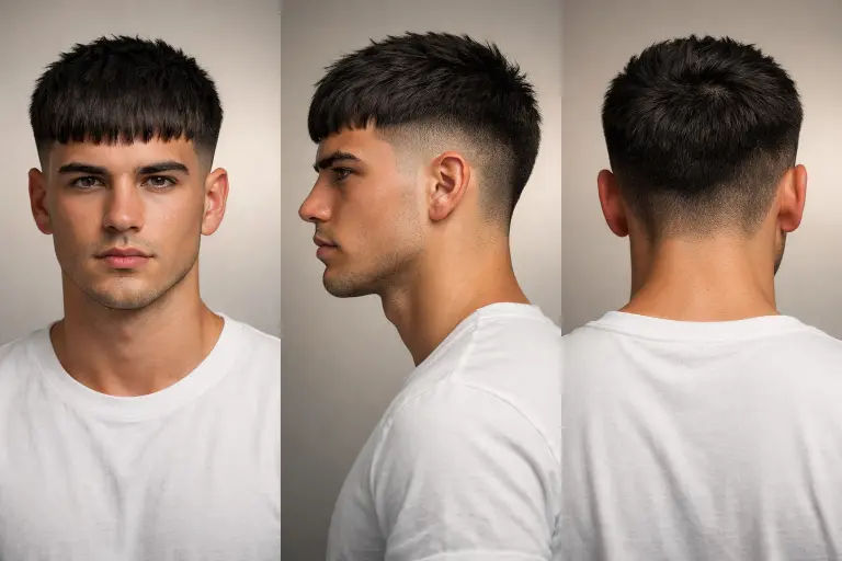 different Edgar haircuts for men showing fade variations, textured tops, and blunt fringe styles on various hair types