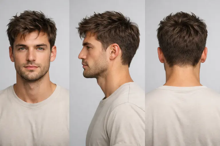 man with low taper fade messy top hairstyle featuring textured medium-length hair and clean tapered sides