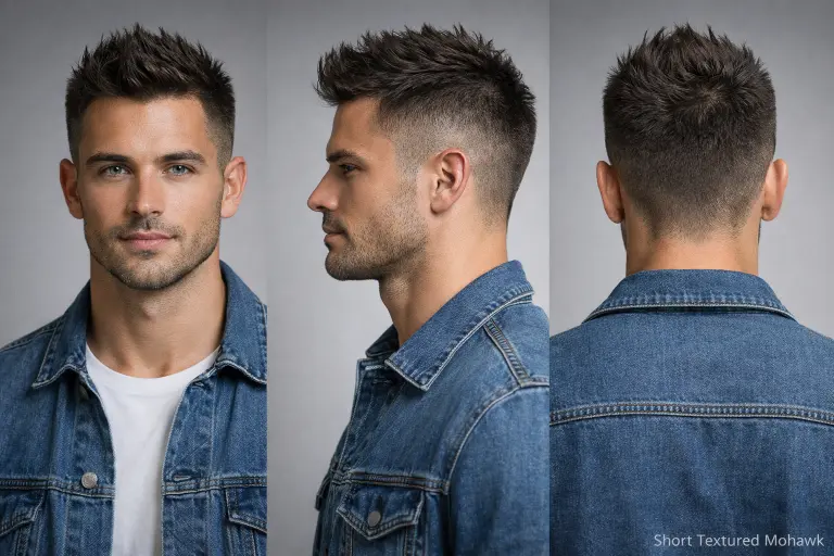 collection of short mohawk haircuts for men showing different fades, textures, and modern styling variations
