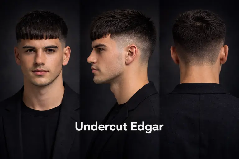 different Edgar haircuts for men showing fade variations, textured tops, and blunt fringe styles on various hair types