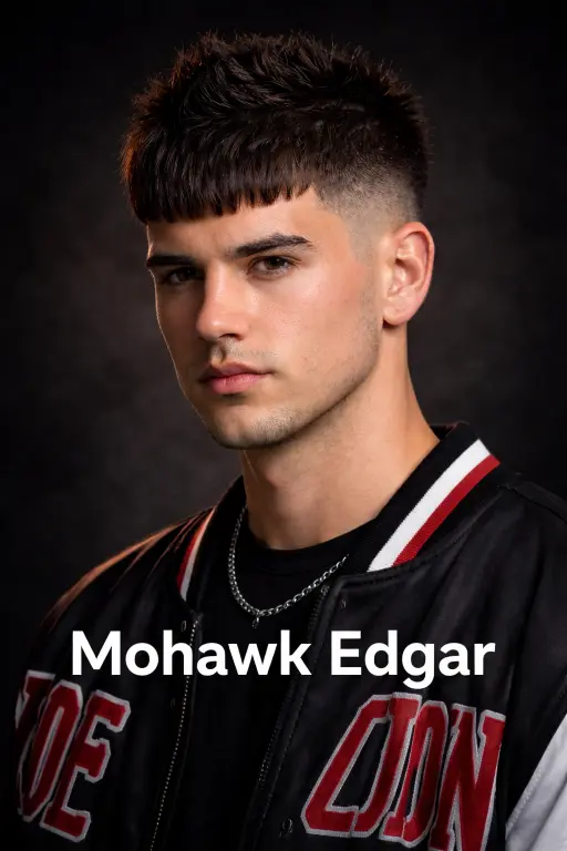 different Edgar haircuts for men showing fade variations, textured tops, and blunt fringe styles on various hair types