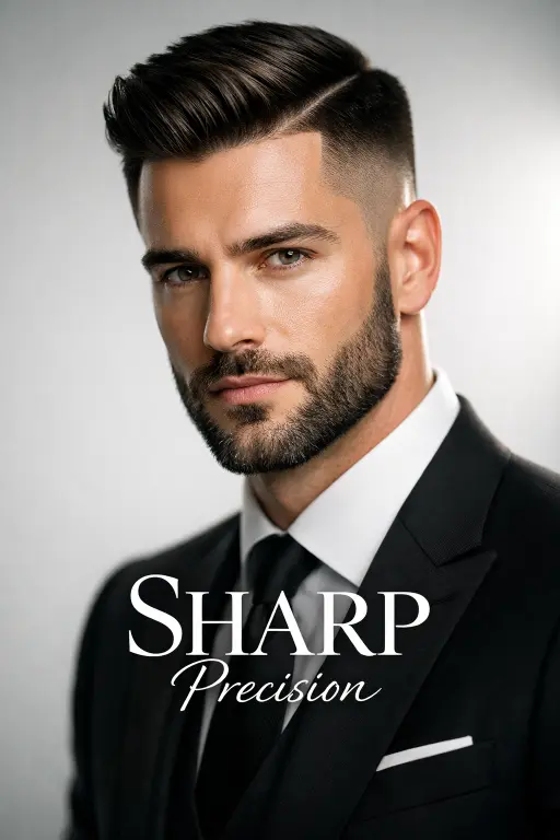 clean taper fade with beard on thick hair, smooth blend from sides into a full groomed beard, modern and sharp men’s hairstyle