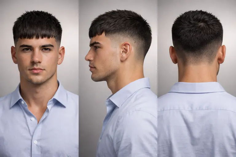different Edgar haircuts for men showing fade variations, textured tops, and blunt fringe styles on various hair types