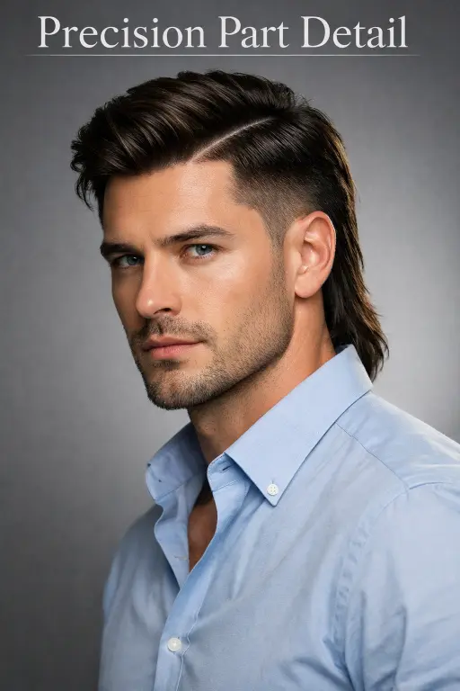 modern low taper mullet hairstyle with clean tapered sides and longer textured back on straight hair
