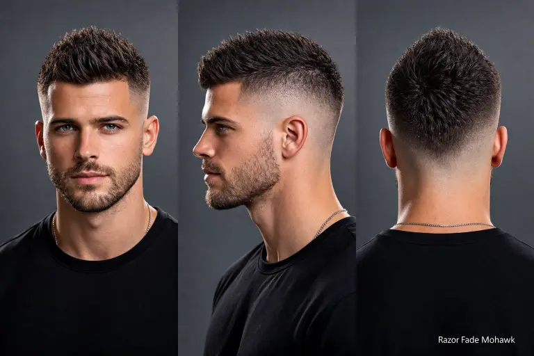 collection of short mohawk haircuts for men showing different fades, textures, and modern styling variations