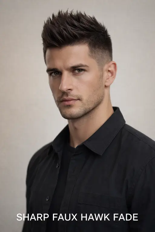 Collection of faux hawk haircuts for men showing different lengths, fades, and textures with volume styled through the center