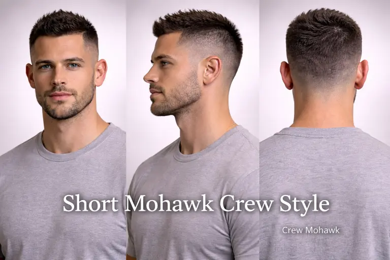 collection of short mohawk haircuts for men showing different fades, textures, and modern styling variations