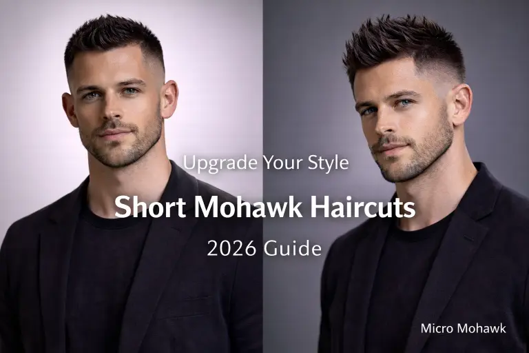 collection of short mohawk haircuts for men showing different fades, textures, and modern styling variations