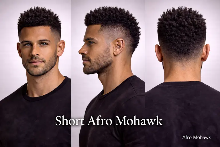 collection of short mohawk haircuts for men showing different fades, textures, and modern styling variations