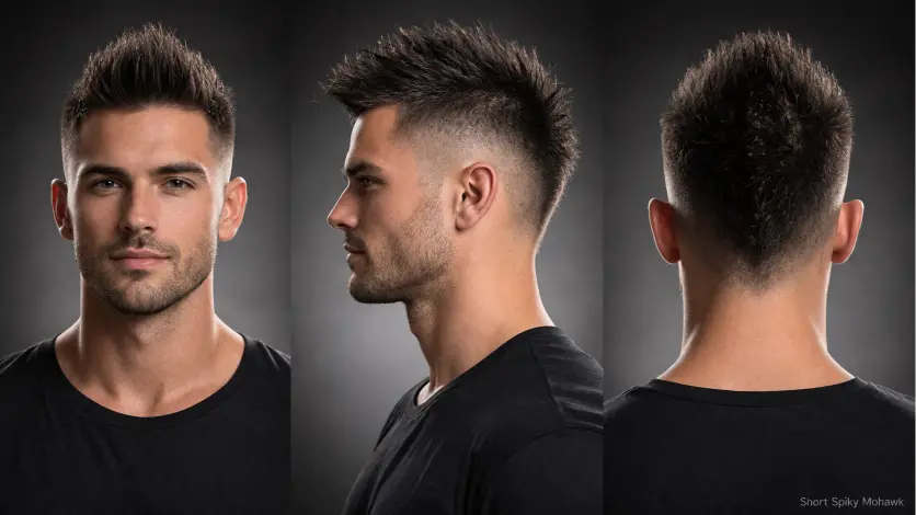collection of short mohawk haircuts for men showing different fades, textures, and modern styling variations