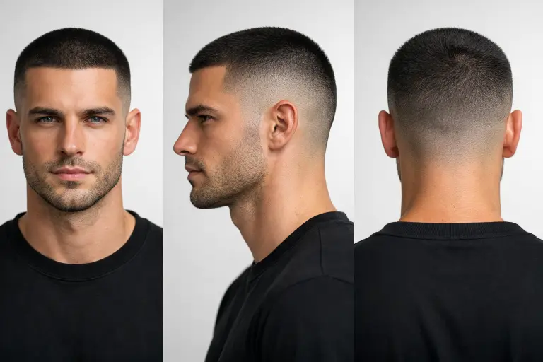 clean buzz cut fade styles for men showing low, mid, and high fades with short textured top on different hair types