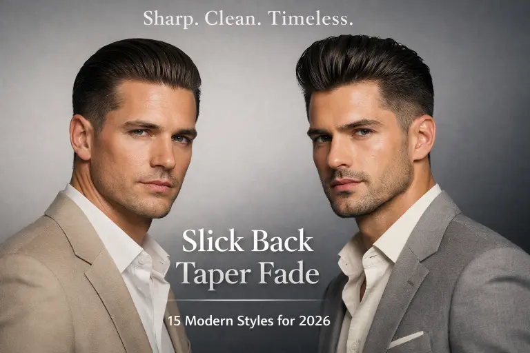 voluminous slick back taper fade with lifted front, thick hair, and structured backward styling