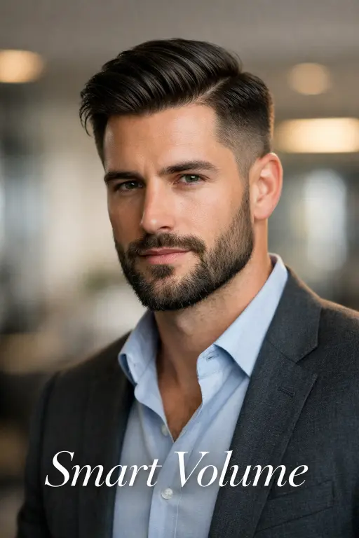 clean taper fade with beard on thick hair, smooth blend from sides into a full groomed beard, modern and sharp men’s hairstyle