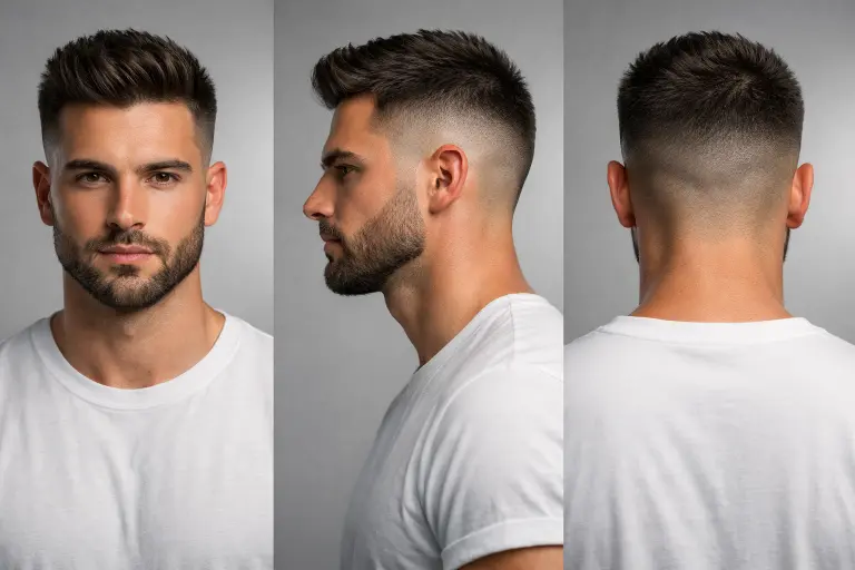 clean taper fade with beard on thick hair, smooth blend from sides into a full groomed beard, modern and sharp men’s hairstyle
