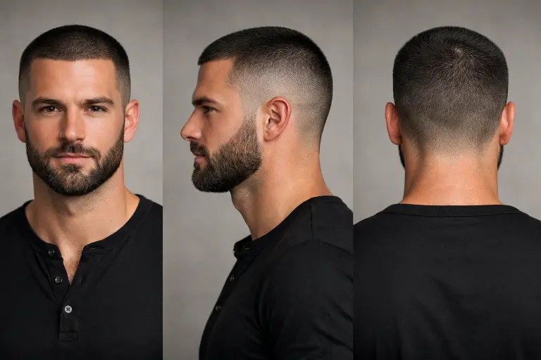 clean buzz cut fade styles for men showing low, mid, and high fades with short textured top on different hair types