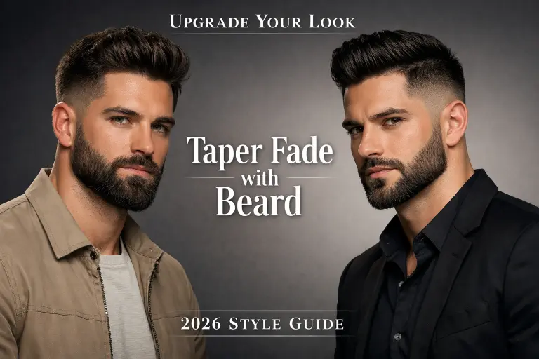 clean taper fade with beard on thick hair, smooth blend from sides into a full groomed beard, modern and sharp men’s hairstyle