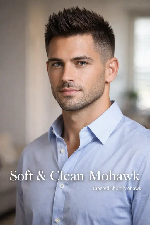collection of short mohawk haircuts for men showing different fades, textures, and modern styling variations
