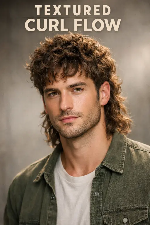 different curly mullet haircuts for men showing fade, taper, and textured styles with natural curls and varied lengths