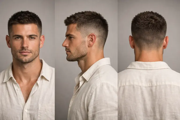clean buzz cut fade styles for men showing low, mid, and high fades with short textured top on different hair types