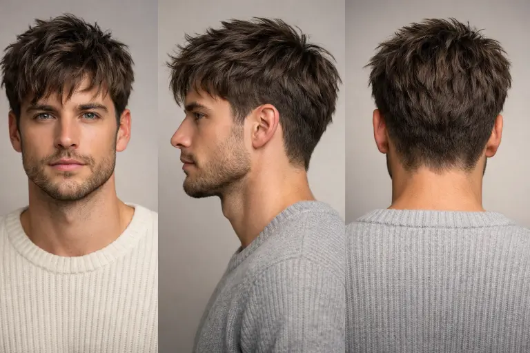 man with low taper fade messy top hairstyle featuring textured medium-length hair and clean tapered sides