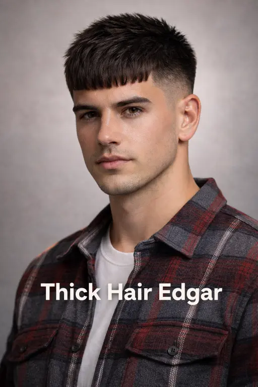 different Edgar haircuts for men showing fade variations, textured tops, and blunt fringe styles on various hair types