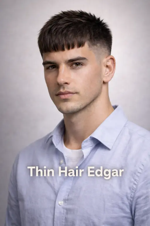 different Edgar haircuts for men showing fade variations, textured tops, and blunt fringe styles on various hair types