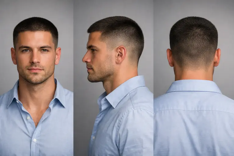 clean buzz cut fade styles for men showing low, mid, and high fades with short textured top on different hair types
