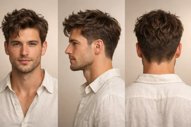 man with low taper fade messy top hairstyle featuring textured medium-length hair and clean tapered sides