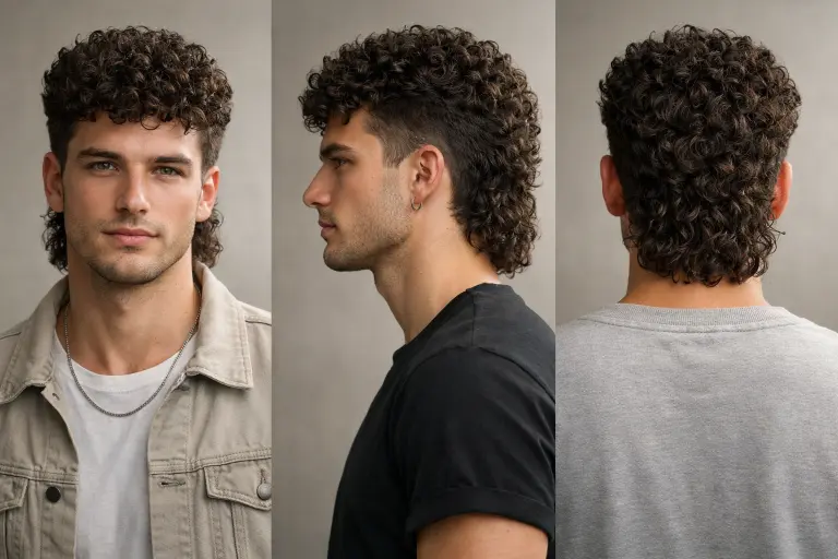 different curly mullet haircuts for men showing fade, taper, and textured styles with natural curls and varied lengths