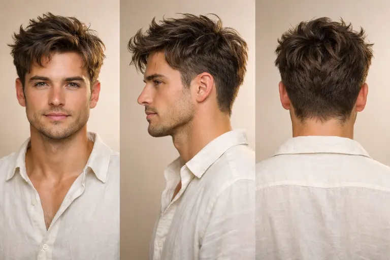man with low taper fade messy top hairstyle featuring textured medium-length hair and clean tapered sides