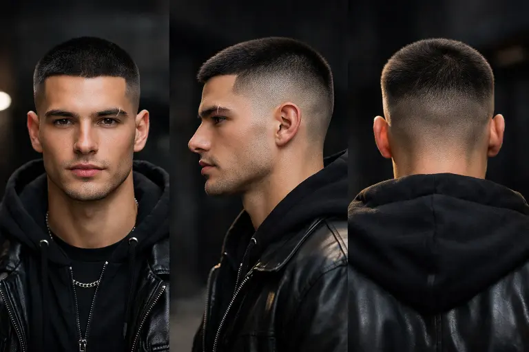 clean buzz cut fade styles for men showing low, mid, and high fades with short textured top on different hair types
