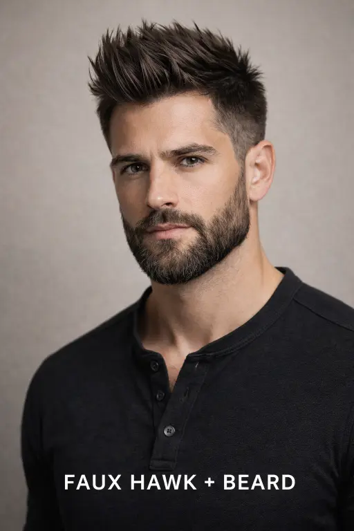 Collection of faux hawk haircuts for men showing different lengths, fades, and textures with volume styled through the center