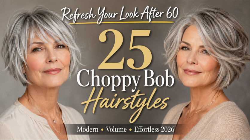 Choppy bob hairstyles for women over 60 showing layered, textured cuts that add volume and movement to aging hair
