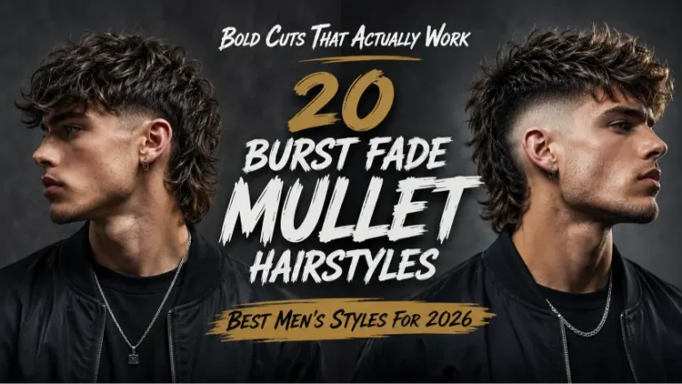 Man with a textured burst fade mullet hairstyle featuring sharp faded sides, messy volume on top, and longer layered hair in the back for a modern edgy look