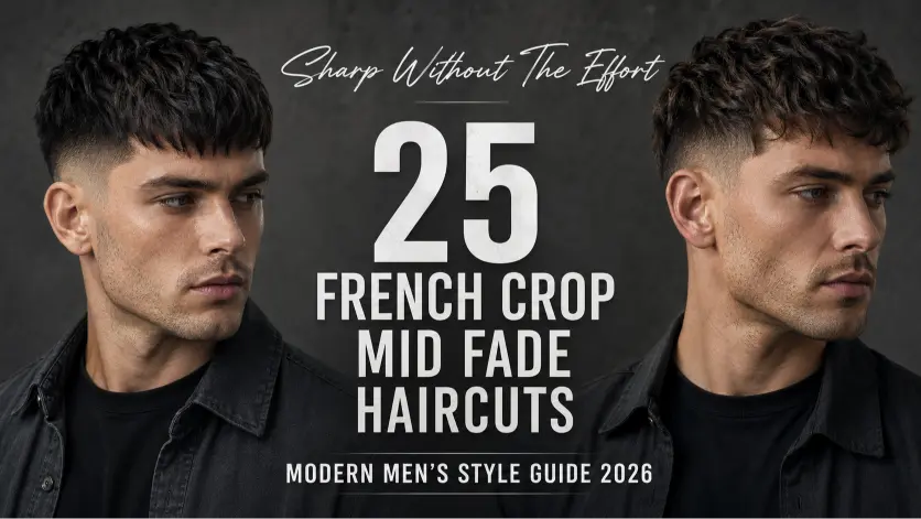 French crop mid fade hairstyle variations for men featuring textured tops, clean faded sides, sharp fringes, and modern masculine grooming styles for different hair types and face shapes.