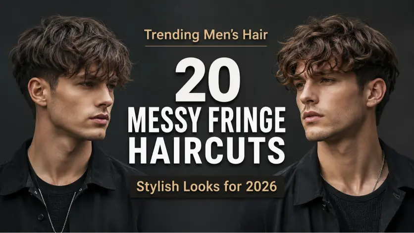 Messy fringe haircut for men with textured volume, modern fade, and natural movement — stylish 2026 men’s hairstyle idea for straight, wavy, and curly hair types.