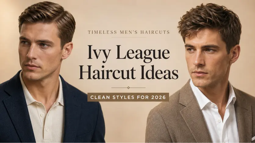 Confident young man with a modern Ivy League haircut featuring neatly tapered sides, textured side-parted top, and a clean masculine finish, styled in a premium barbershop setting with sharp grooming details and timeless men’s fashion aesthetic.