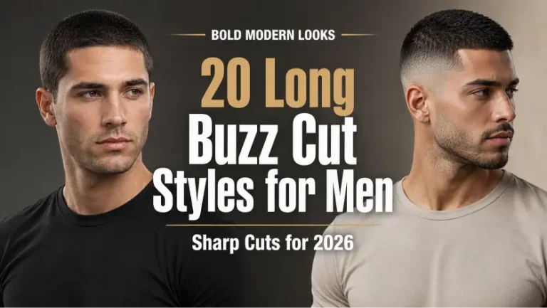 Modern long buzz cut hairstyles for men featuring fades, textured buzz cuts, beard combinations, and bold masculine looks