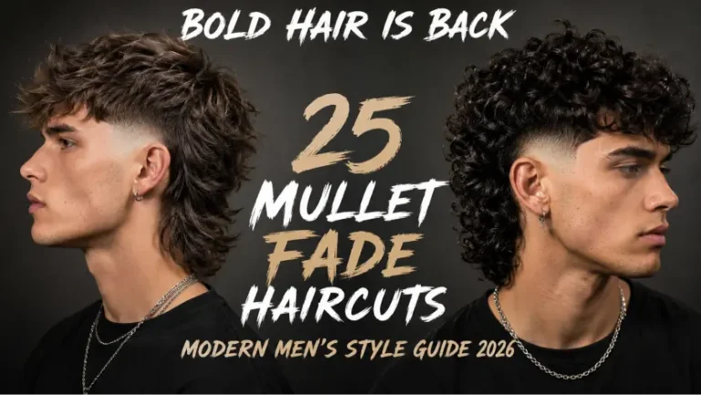 Man with a modern mullet fade haircut featuring textured volume on top, faded sides, and longer layered hair at the back for a bold stylish look