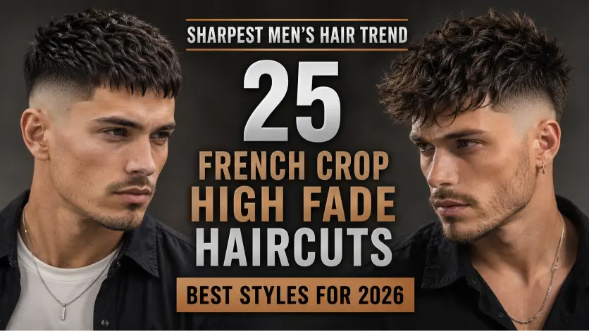 Man with a modern French crop high fade haircut featuring textured top layers, sharp faded sides, and a clean masculine finish, showcasing trendy men’s hairstyle inspiration for 2026.