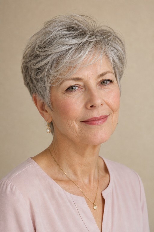 Short layered pixie haircut for women over 60 with thin fine hair adding volume and lift