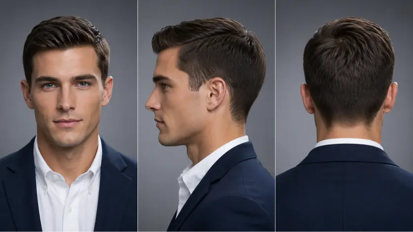 Confident young man with a modern Ivy League haircut featuring neatly tapered sides, textured side-parted top, and a clean masculine finish, styled in a premium barbershop setting with sharp grooming details and timeless men’s fashion aesthetic.