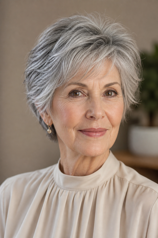 Elegant short layered hairstyle for women over 70 with soft volume and natural gray hair